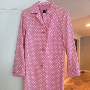 Long pink with white polka dot trench coat